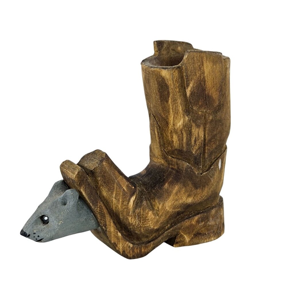 Wooden Boot With Mouse Figurine By Bill Payne Folk Art Hand Carved Painted